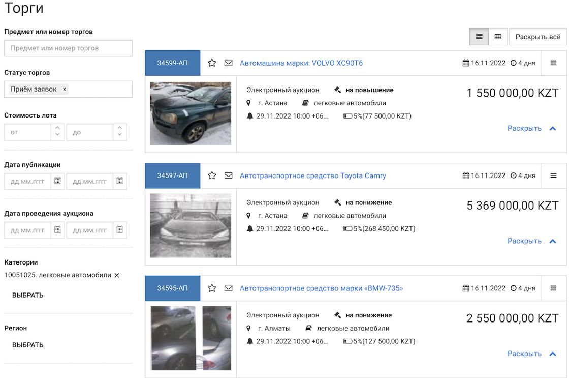 Страница сайта с лотами для аукциона