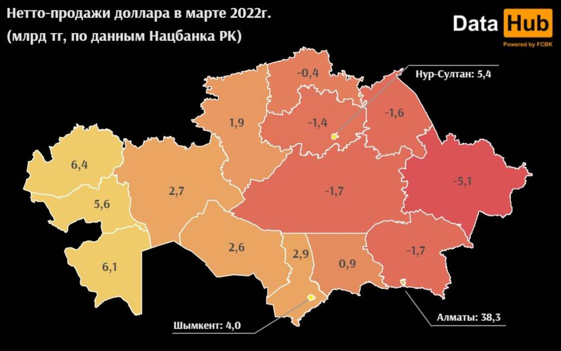 на карте показана разница в спросе на доллар в казахстане